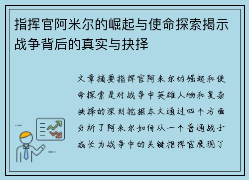 指挥官阿米尔的崛起与使命探索揭示战争背后的真实与抉择